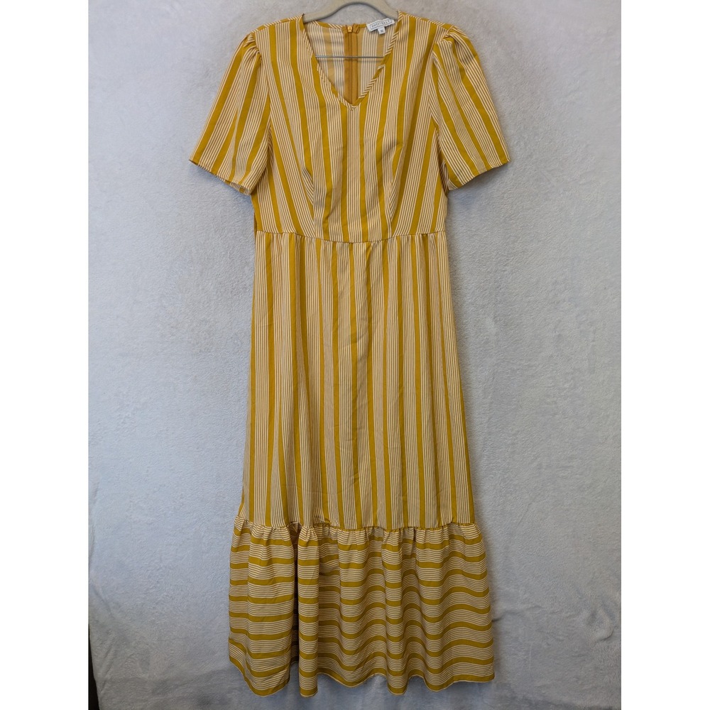 SweetSalt Maxi Dress Women's‎ XS Mustard Yellow Striped V-Neck Tiered Ruffle Hem